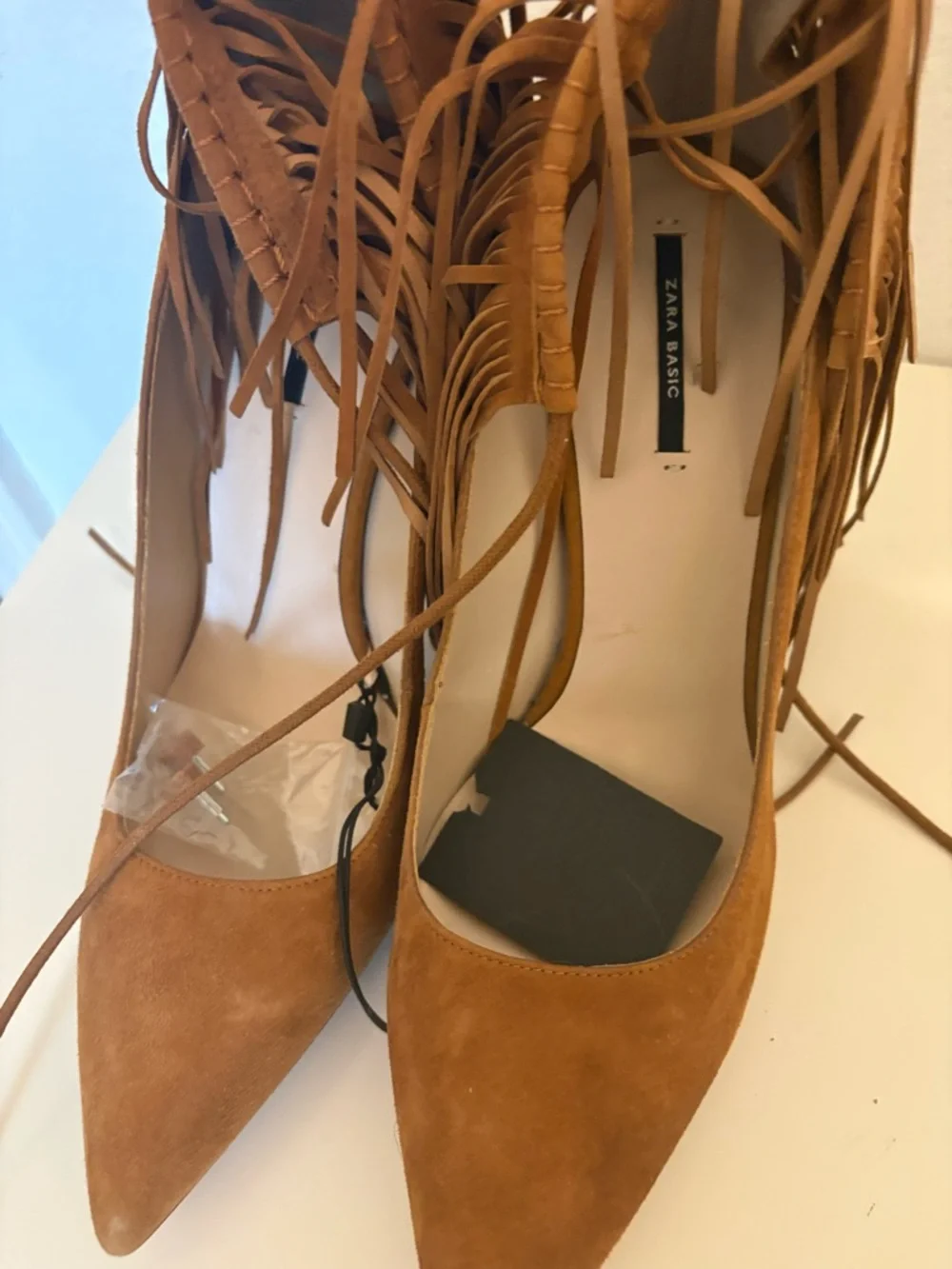 Zara Camel Suede Fringe Pointed-Toe Heels - Picture 5 of 5
